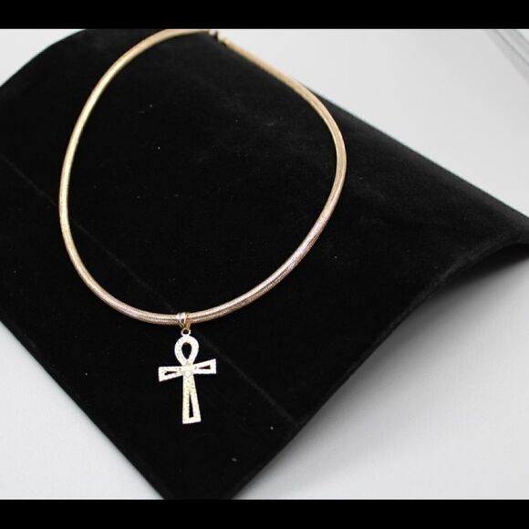 14k Gold Mesh Necklace and Ankh Cross - Picture 1 of 11